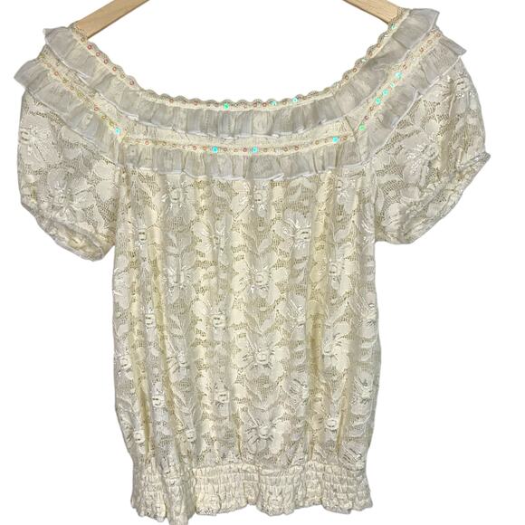 AMERICAN RAG Women L Ivory Floral Lace Sequin Trim Peasant Smocked Top - Picture 2 of 10